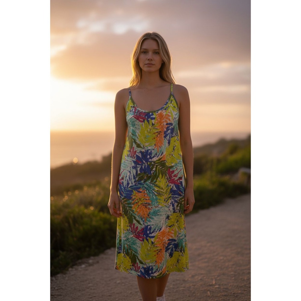 Palm Island Tropical Leaf Midi Dress Braided Rope Racerback M Crochet Wood Ring‎